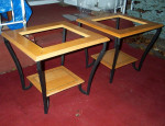 2 END TABLES Oak Color Living Room Furniture Table Set Glass Top