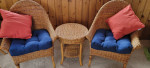 Wicker chairs w/cushions - table & magazine baskets