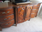 Dresser, headboard, mirror, metal frame, night table)