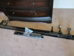 Dresser, headboard, mirror, metal frame, night table)