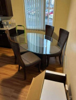 Kitchen Table Wood Base Glass Oval Top 4ft x 6ft with 6 Wood Leather chairs