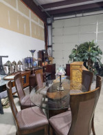 Kitchen Table Wood Base Glass Oval Top 4ft x 6ft with 6 Wood Leather chairs