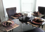 Kitchen Table Wood Base Glass Oval Top 4ft x 6ft with 6 Wood Leather chairs