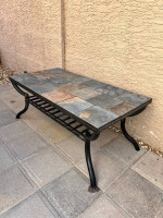Outdoor Two Tier Black Metal Coffee Table w/ Multi Color Rustic Tile Top
