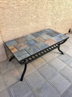 Outdoor Two Tier Black Metal Coffee Table w/ Multi Color Rustic Tile Top