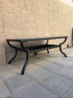Outdoor Two Tier Black Metal Coffee Table w/ Multi Color Rustic Tile Top