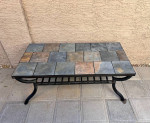 Outdoor Two Tier Black Metal Coffee Table w/ Multi Color Rustic Tile Top