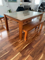 Crate and Barrel Teak Dining Table with protective glass top and Bench