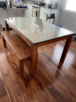 Crate and Barrel Teak Dining Table with protective glass top and Bench