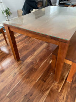 Crate and Barrel Teak Dining Table with protective glass top and Bench