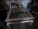 SQUARE SOLID WOOD COFFEE TABLE RUST IRON SIDES GLASS TOP