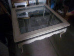 SQUARE SOLID WOOD COFFEE TABLE RUST IRON SIDES GLASS TOP