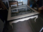 SQUARE SOLID WOOD COFFEE TABLE RUST IRON SIDES GLASS TOP