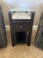 End table, black with marble and glass accents, USB