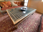 Large Antique Wood, Metal and Glass Coffee Table