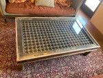 Large Antique Wood, Metal and Glass Coffee Table