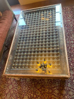 Large Antique Wood, Metal and Glass Coffee Table