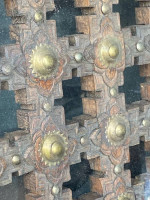 Large Antique Wood, Metal and Glass Coffee Table