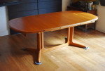 Newly-restored "boat-shaped" Danish expandable teak dining table