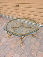 1960s Hollywood Regency Exagonal Brass Coffee Table with Glass Top