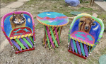 Colorful artist, painted one-of-a-kind leather & Wood Table  2 Chairs