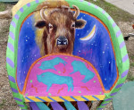 Colorful artist, painted one-of-a-kind leather & Wood Table  2 Chairs