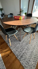new mid century style 4’ round walnut dining table