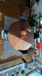 new mid century style 4’ round walnut dining table