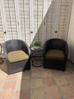 3 piece club chairs and metal and glass table with sunbrella cushions