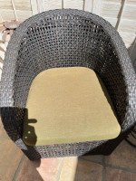 3 piece club chairs and metal and glass table with sunbrella cushions