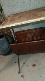 Accent iron woven storage accent table with marble top