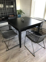 Crate & Barrel Black Extension Dining Table, 4 Metal Chairs w/ leather
