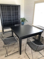 Crate & Barrel Black Extension Dining Table, 4 Metal Chairs w/ leather