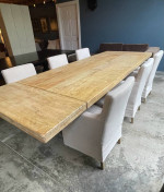 Contemporary Solid Wood hand patina finish Dining Table and 6 linen chairs.