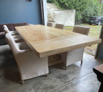 Contemporary Solid Wood hand patina finish Dining Table and 6 linen chairs.