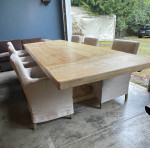 Contemporary Solid Wood hand patina finish Dining Table and 6 linen chairs.