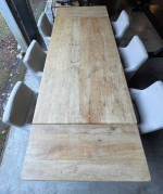 Contemporary Solid Wood hand patina finish Dining Table and 6 linen chairs.