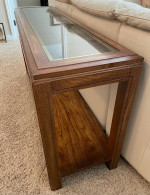 Wood Sofa / couch table - Glass top with wicker and gold edge - Nice shape!