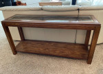Wood Sofa / couch table - Glass top with wicker and gold edge - Nice shape!