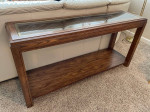 Wood Sofa / couch table - Glass top with wicker and gold edge - Nice shape!