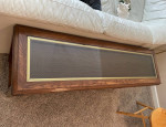 Wood Sofa / couch table - Glass top with wicker and gold edge - Nice shape!