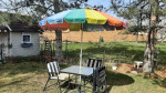 Patio table 4 chairs, umbrella and stand
