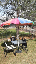 Patio table 4 chairs, umbrella and stand