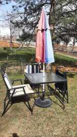 Patio table 4 chairs, umbrella and stand