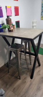 CONCRETE COFFEE TABLE AND BAR TOP WITH BAR STOOLS