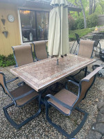Outdoor table, chairs, umbrella
