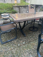 Outdoor table, chairs, umbrella