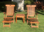 Very Nice Pair of Java Teak Deluxe Steamer Chairs & Teak Accent Table