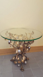 Beautiful 1960's glass top gilt tole table with leaf and fruit design