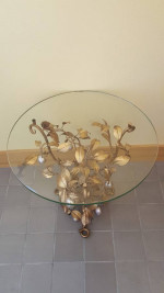 Beautiful 1960's glass top gilt tole table with leaf and fruit design